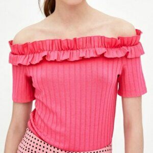 🟣🟣🟣 ZARA TRAFALUC Women's Small Pink Ribbed Ruffle Off The Shoulder Shirt